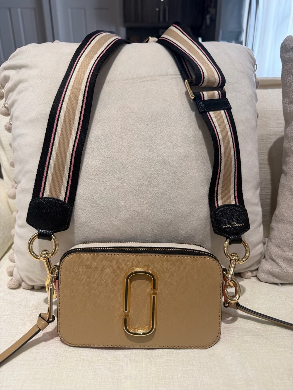 Marc Jacobs The Snapshot Beige/Pink Crossbody Bag with Striped Strap